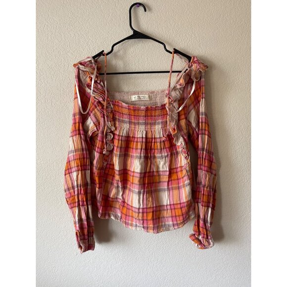 NWT Free People Siena Plaid Orange and Pink Pullover boho Smocked Blouse - Picture 2 of 5